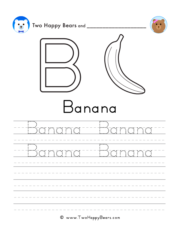 Free printable sheet for tracing and writing the word banana, and a picture of a banana to color.