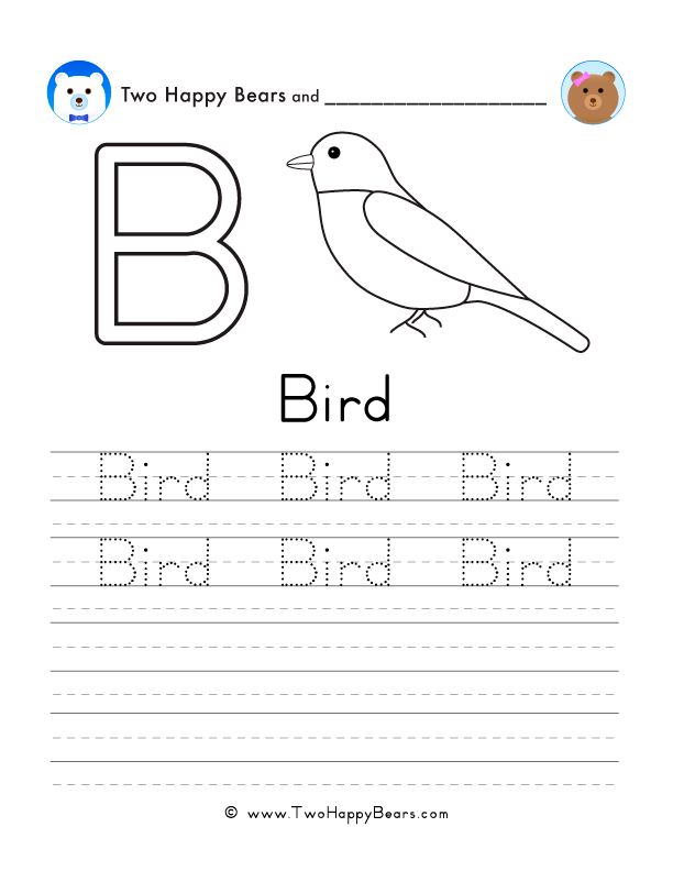 Free printable sheet for tracing and writing the word bird, and a picture of a bird to color.