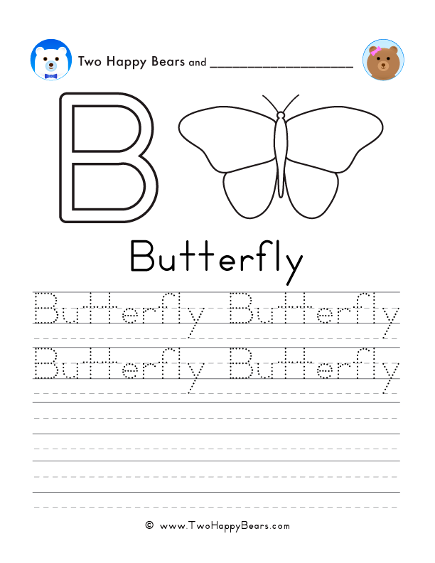 Free printable sheet for tracing and writing the word butterfly, and a picture of a butterfly to color.