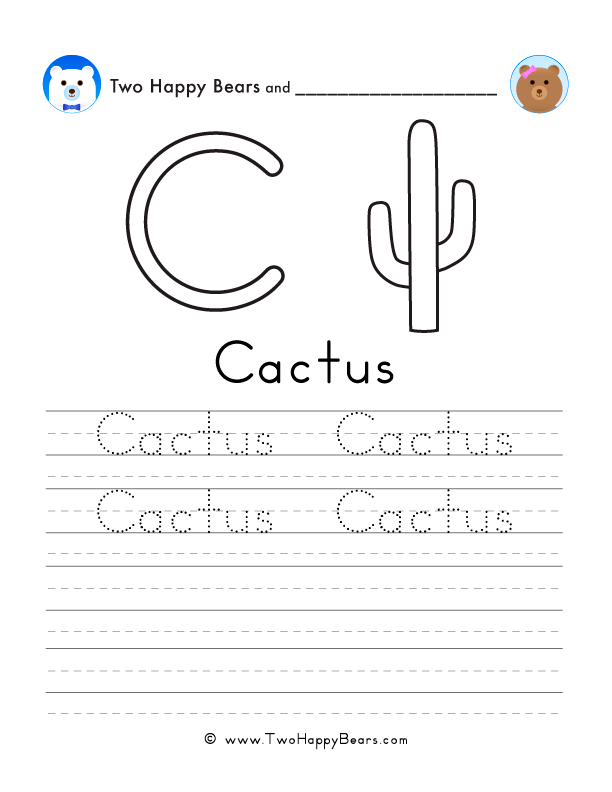Free printable sheet for tracing and writing the word cactus, and a picture of a cactus to color.