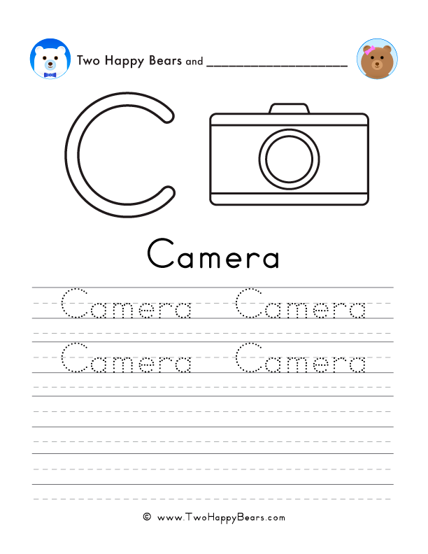 Free printable sheet for tracing and writing the word camera, and a picture of a camera to color.