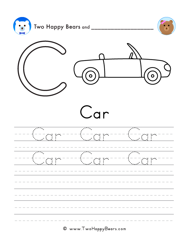 Free worksheets to trace, write, and color words that start with the letter C - free printable PDFs.