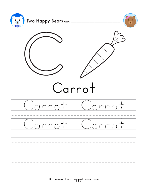 Free printable sheet for tracing and writing the word carrot, and a picture of a carrot to color.