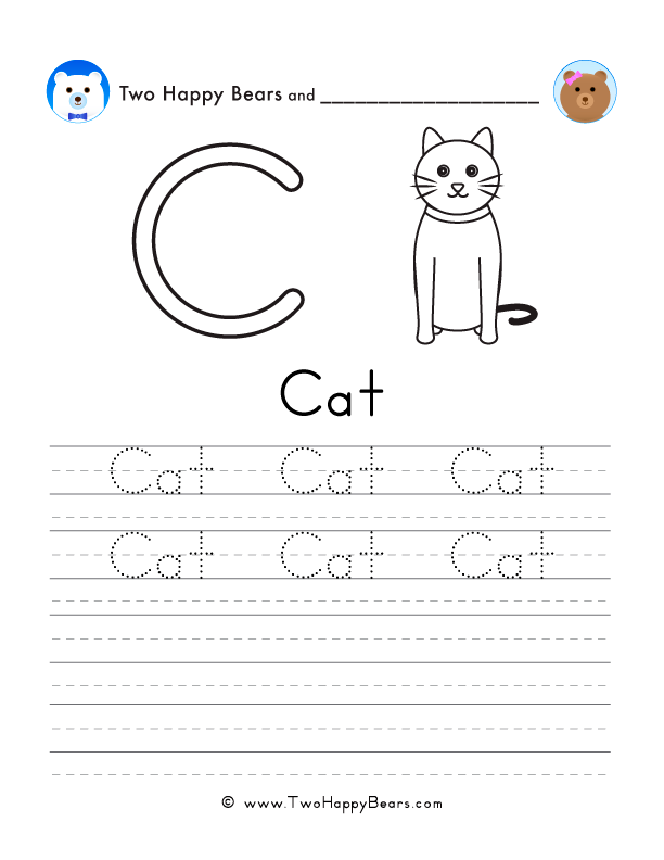 Free printable sheet for tracing and writing the word cat, and a picture of a cat to color.