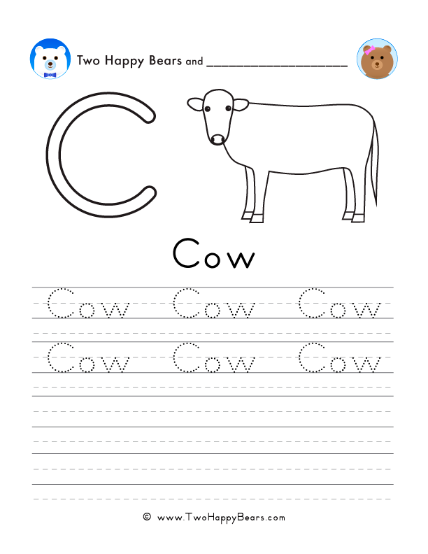 Free printable sheet for tracing and writing the word cow, and a picture of a cow to color.