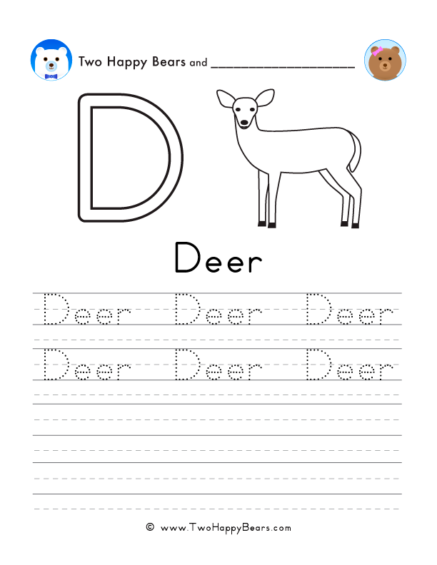 Free printable sheet for tracing and writing the word deer, and a picture of a deer to color.