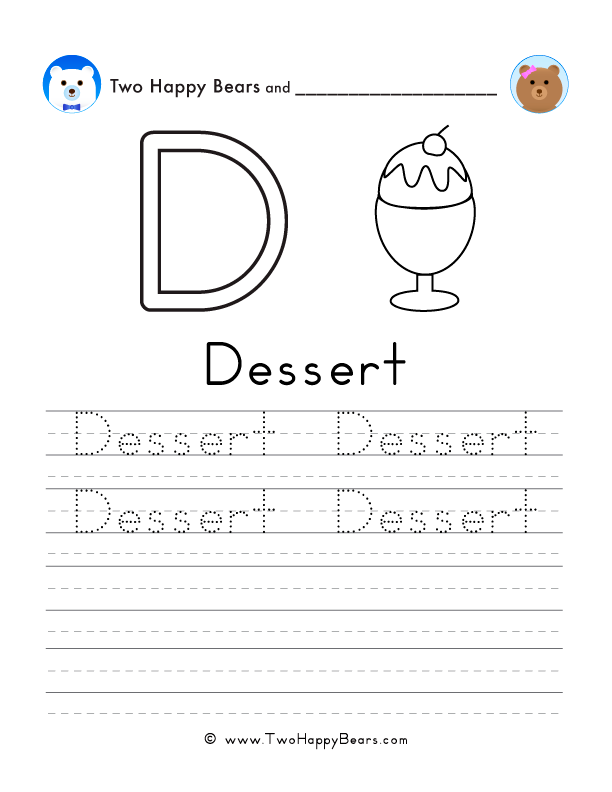Free printable sheet for tracing and writing the word dessert, and a picture of a dessert to color.