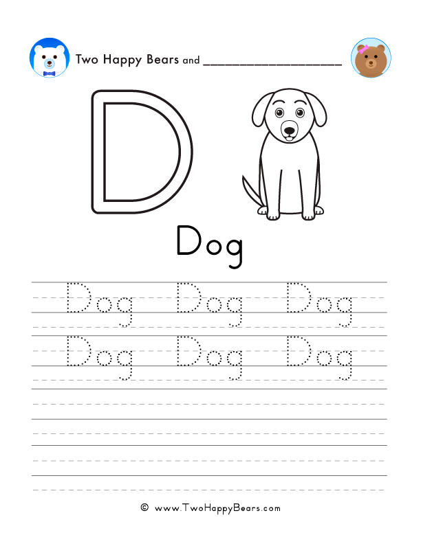 Free printable sheet for tracing and writing the word dog, and a picture of a dog to color.
