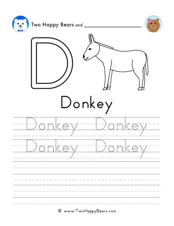 Free printable sheet for tracing and writing the word donkey, and a picture of a donkey to color.