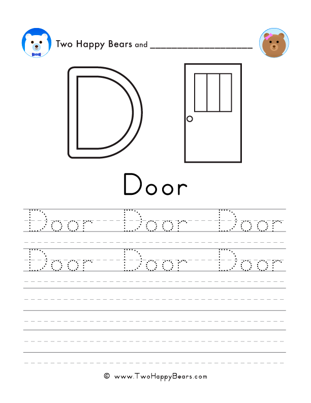 Free printable sheet for tracing and writing the word door, and a picture of a door to color.