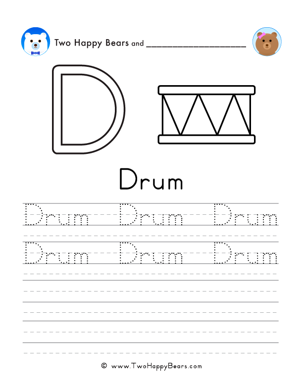 Free printable sheet for tracing and writing the word drum, and a picture of a drum to color.