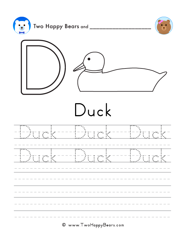 Free printable sheet for tracing and writing the word duck, and a picture of a duck to color.