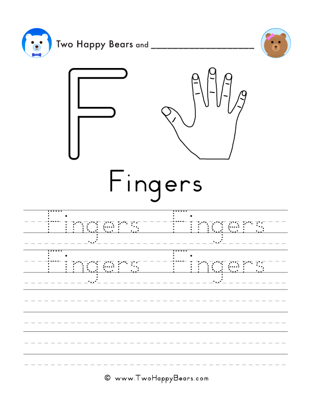 Free printable sheet for tracing and writing the word fingers, and a picture of fingers to color.