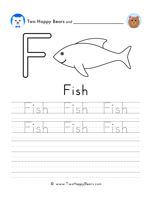 Free printable sheet for tracing and writing the word fish, and a picture of a fish to color.