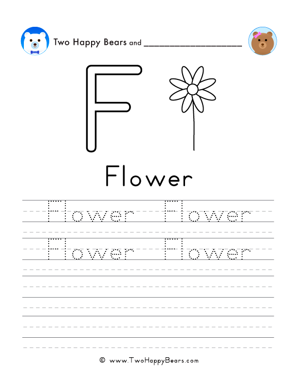 Free printable sheet for tracing and writing the word flower, and a picture of a flower to color.