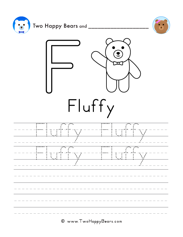 Free printable sheet for tracing and writing the word Fluffy, and a picture of Fluffy the bear to color.