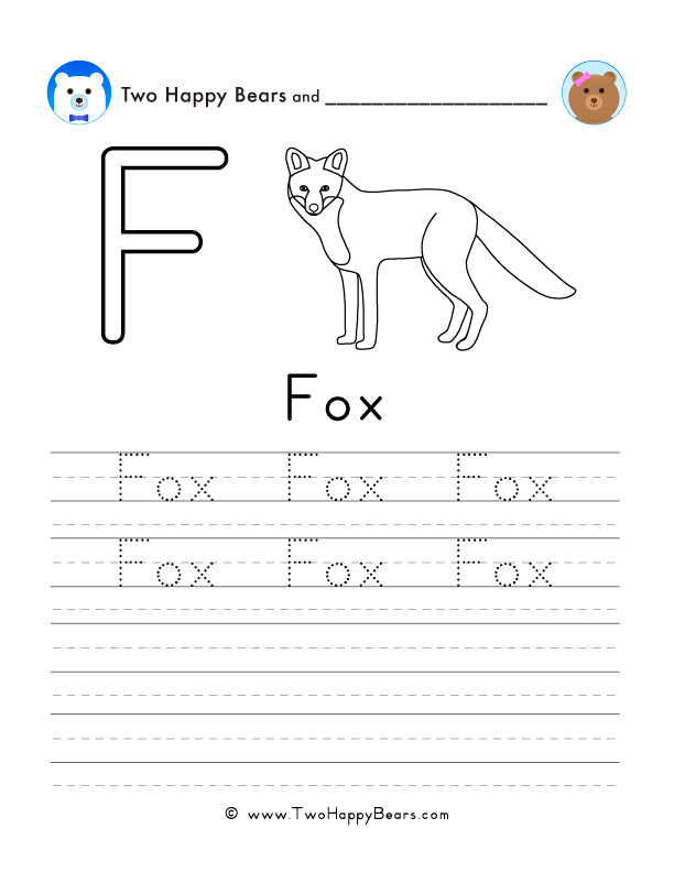Free printable sheet for tracing and writing the word fox, and a picture of a fox to color.