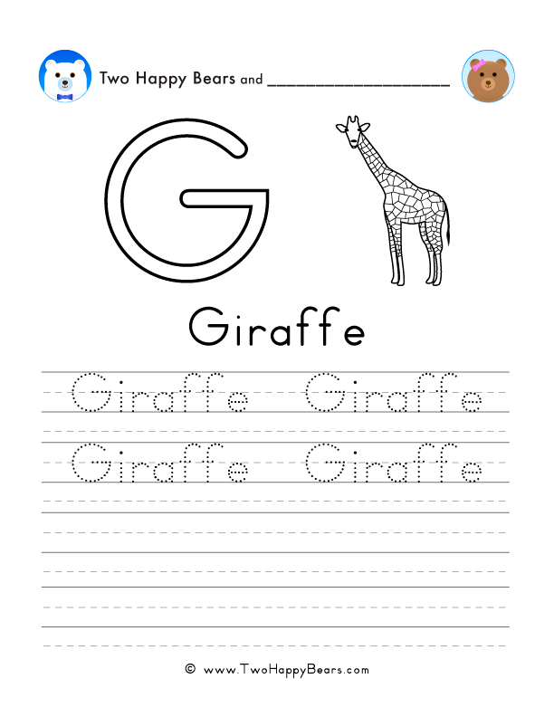 Free printable sheet for tracing and writing the word giraffe, and a picture of a giraffe to color.