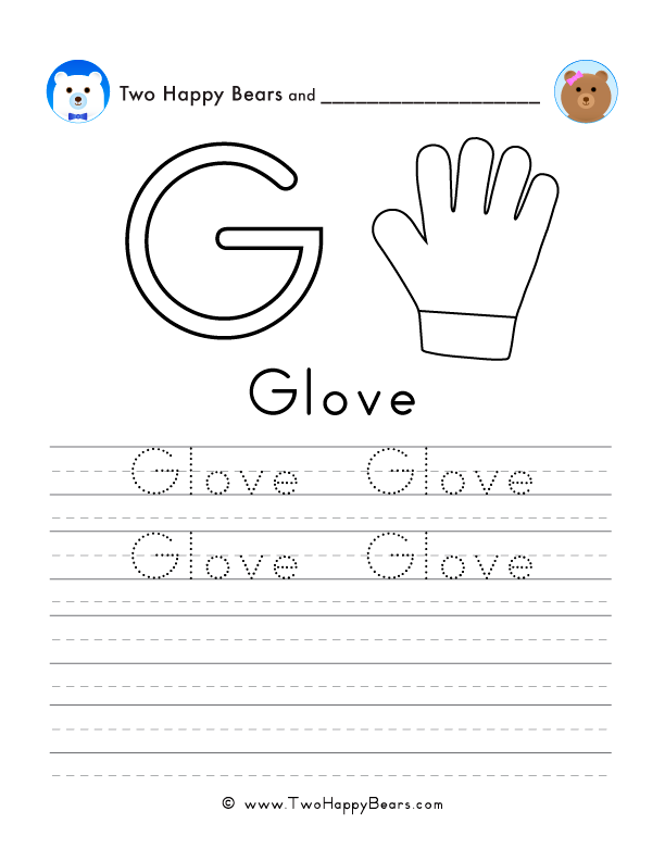Free printable sheet for tracing and writing the word glove, and a picture of a glove to color.