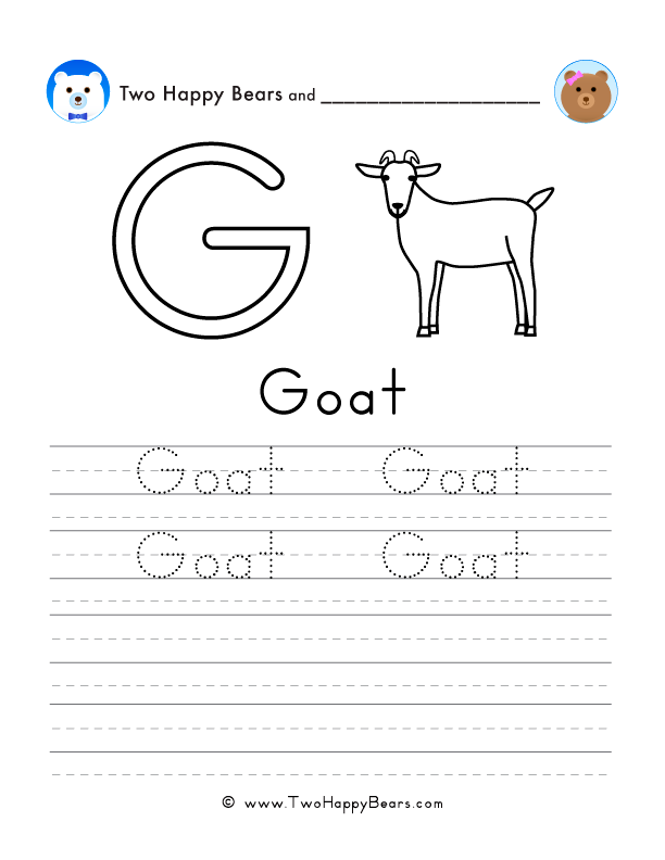 Free printable sheet for tracing and writing the word goat, and a picture of a goat to color.