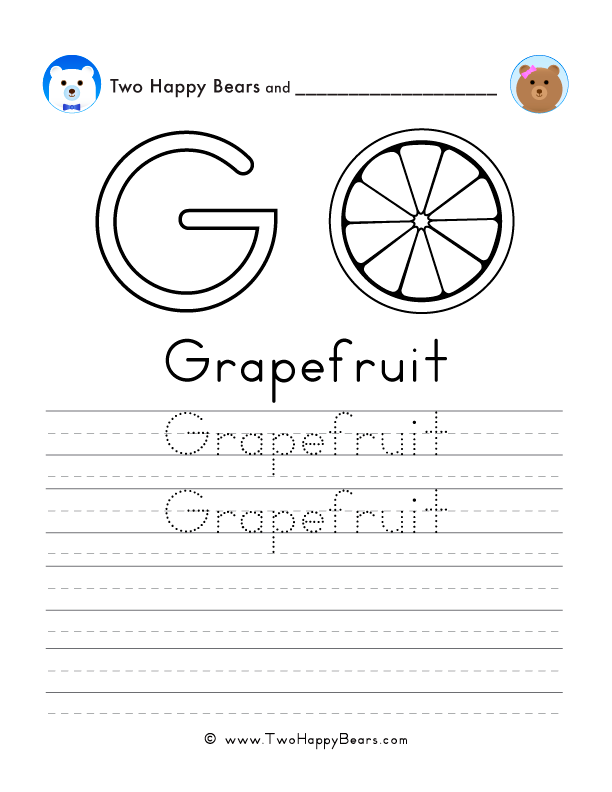 Free printable sheet for tracing and writing the word grapefruit, and a picture of a grapefruit to color.