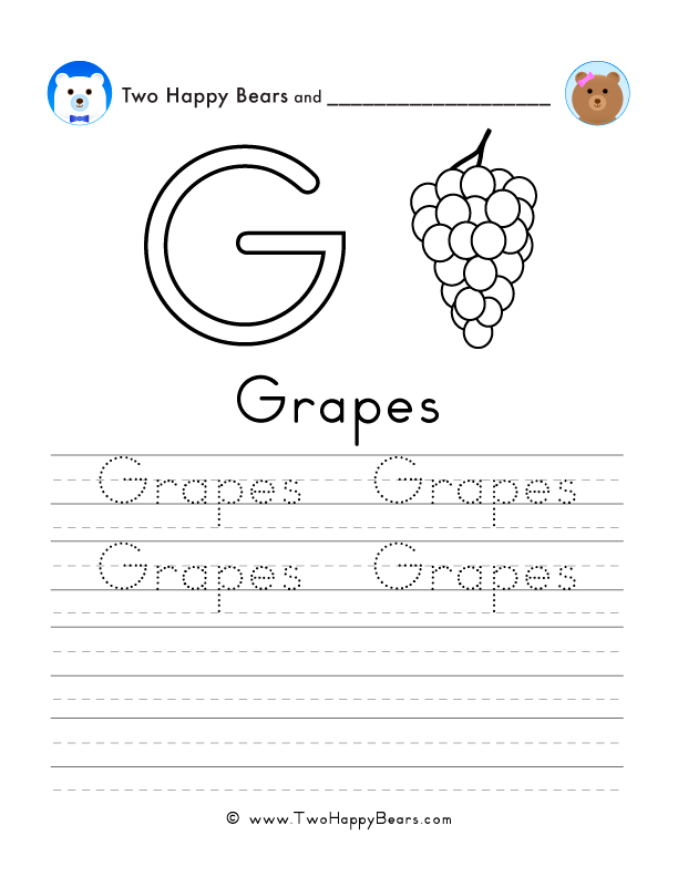 Free printable sheet for tracing and writing the word grapes, and a picture of grapes to color.