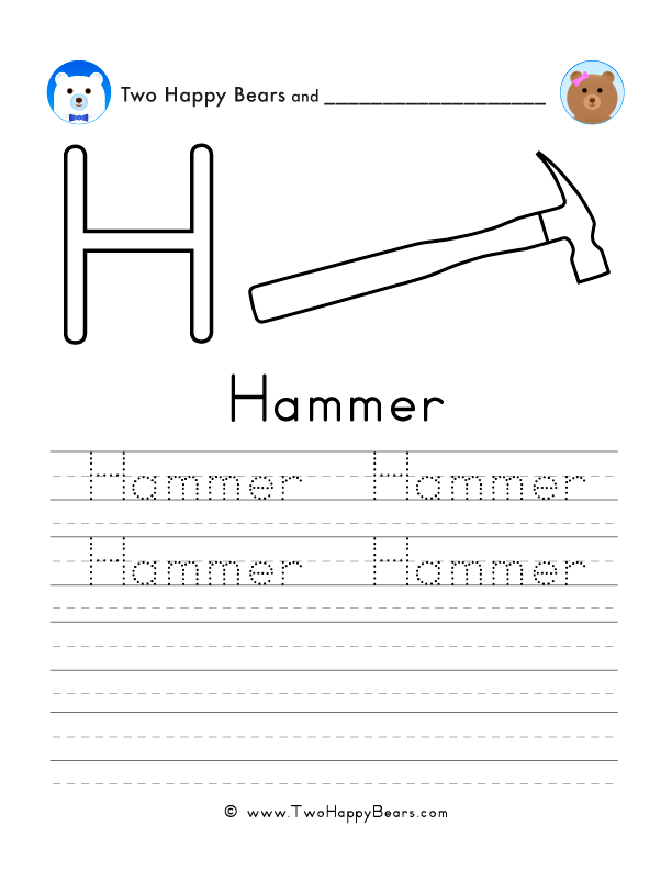 Free printable sheet for tracing and writing the word hammer, and a picture of a hammer to color.