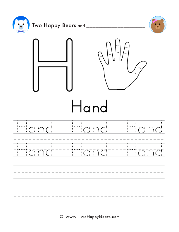 Free printable sheet for tracing and writing the word hand, and a picture of a hand to color.