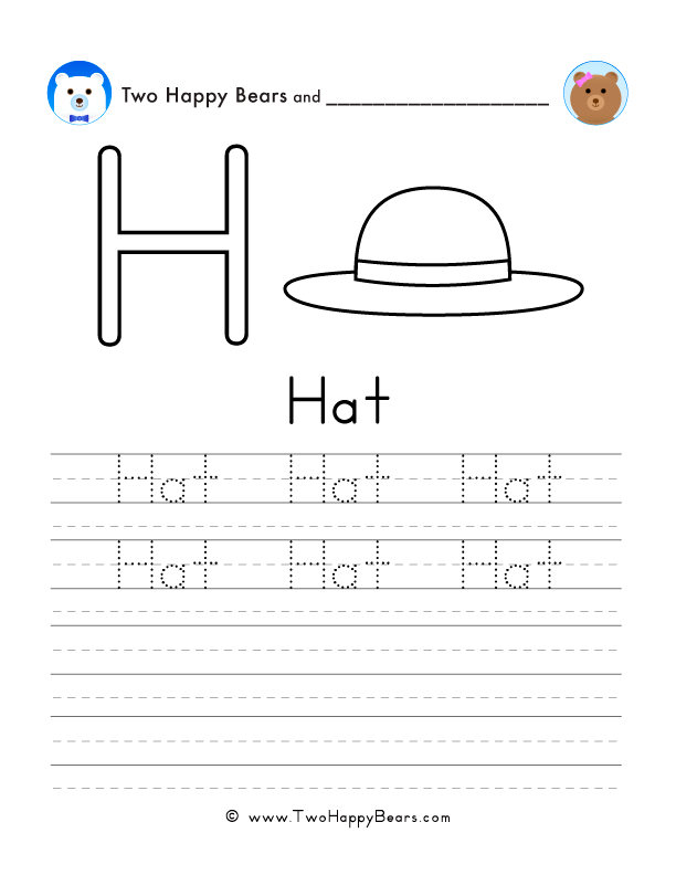 Free worksheets to trace, write, and color words that start with the letter H - free printable PDFs.