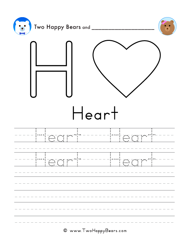 Free printable sheet for tracing and writing the word heart, and a picture of a heart to color.