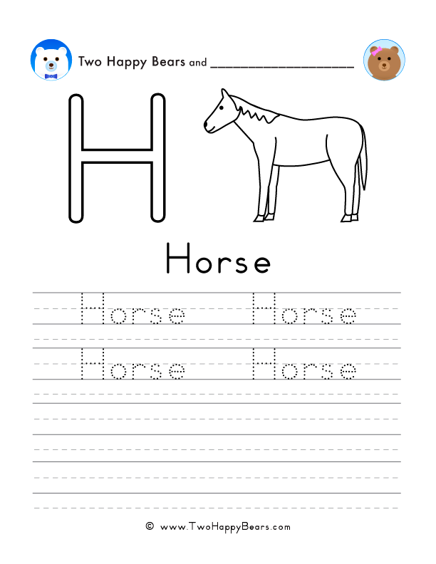 Free printable sheet for tracing and writing the word horse, and a picture of a horse to color.