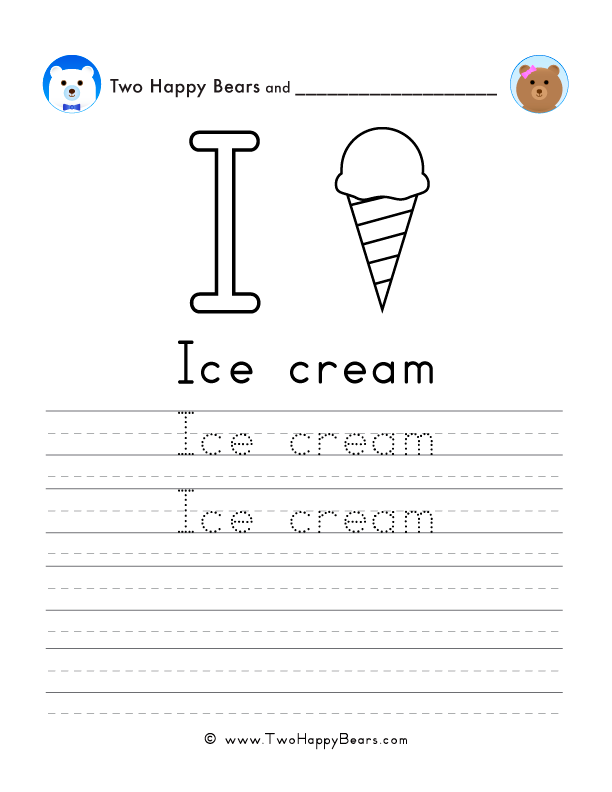 Free printable sheet for tracing and writing the word ice cream, and a picture of an ice cream cone to color.