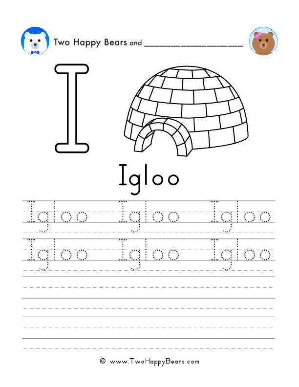 Free printable sheet for tracing and writing the word igloo, and a picture of an igloo to color.