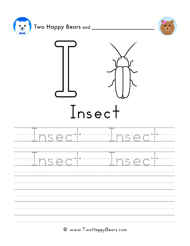 Free printable sheet for tracing and writing the word insect, and a picture of an insect to color.