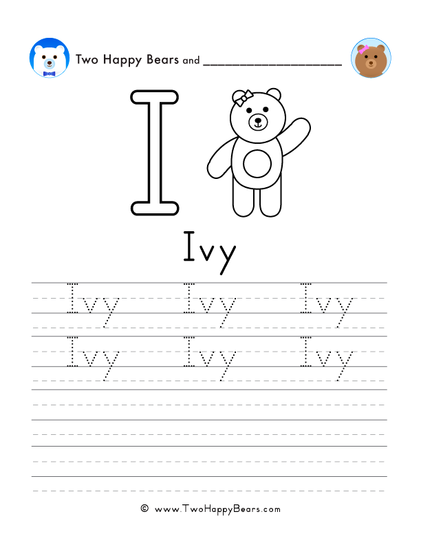 Free printable sheet for tracing and writing the word Ivy, and a picture of Ivy the Happy Bear to color.