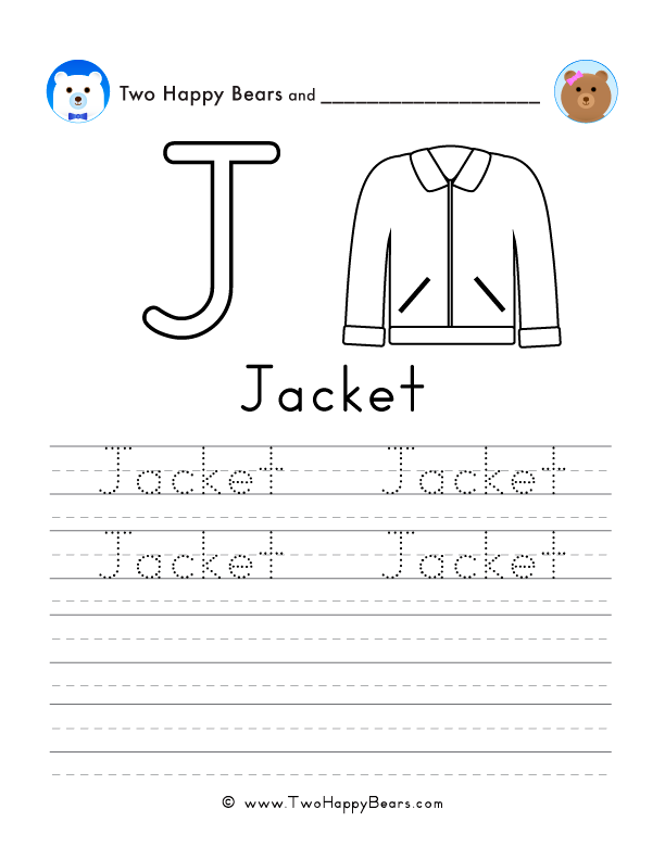 Free printable sheet for tracing and writing the word jacket, and a picture of a jacket to color.