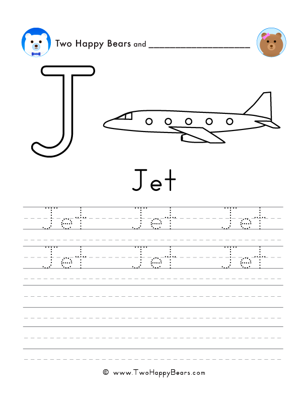 Free printable sheet for tracing and writing the word jet, and a picture of a jet to color.