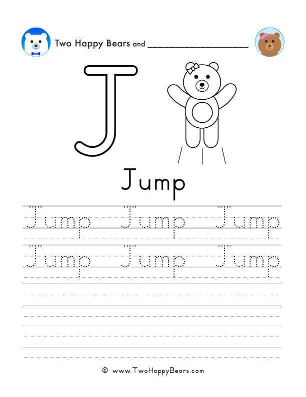 Free printable sheet for tracing and writing the word jump, and a picture to color of a bear jumping.