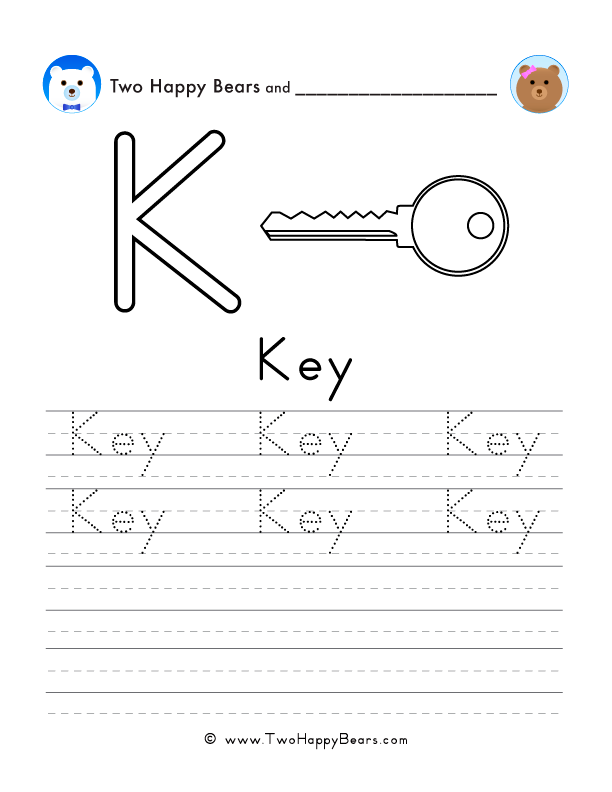 Free printable sheet for tracing and writing the word key, and a picture of a key to color.