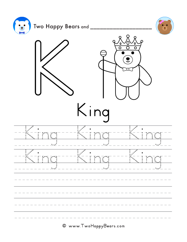 Free printable sheet for tracing and writing the word king, and a picture a king to color.