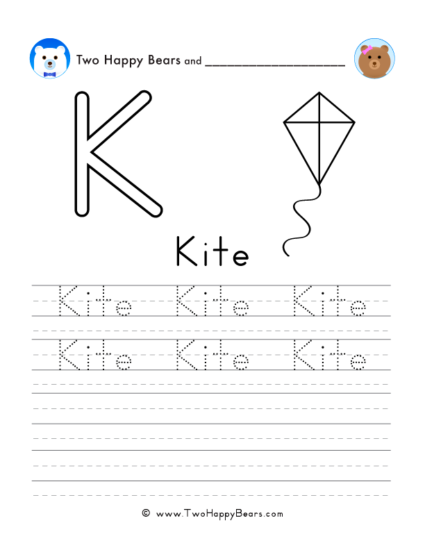 Free printable worksheets for tracing, writing, and coloring words that start with letter K.