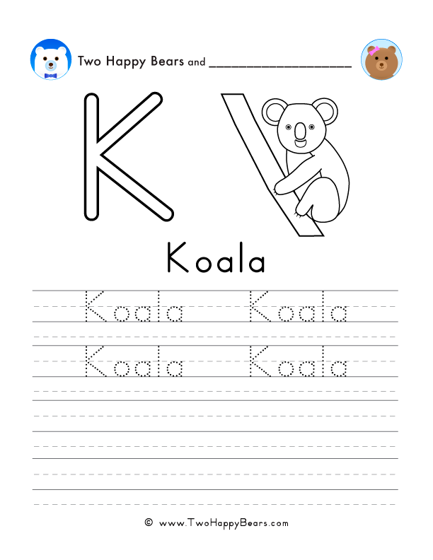 Free worksheets to trace, write, and color words that start with the letter K - free printable PDFs.