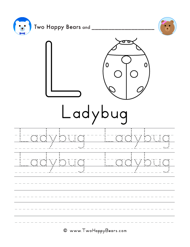 Free printable sheet for tracing and writing the word ladybug, and a picture of a ladybug to color.