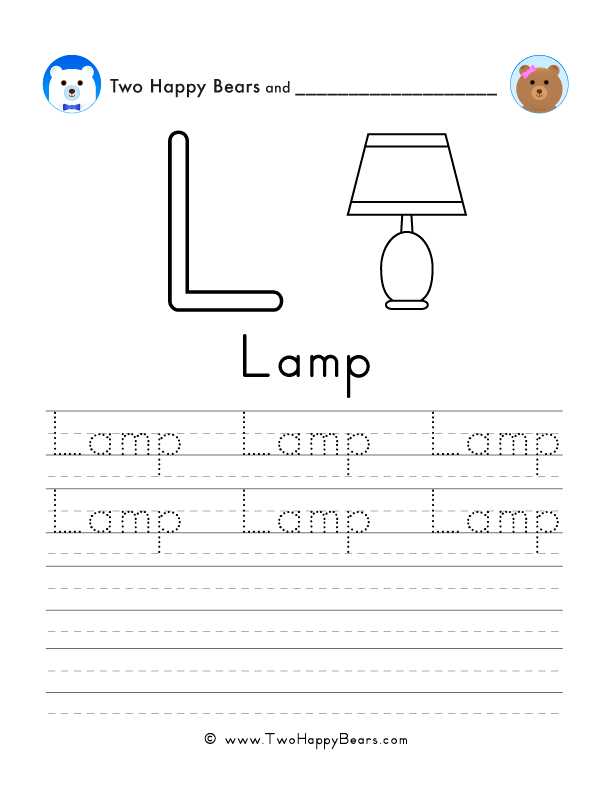 Free printable sheet for tracing and writing the word lamp, and a picture of a lamp to color.