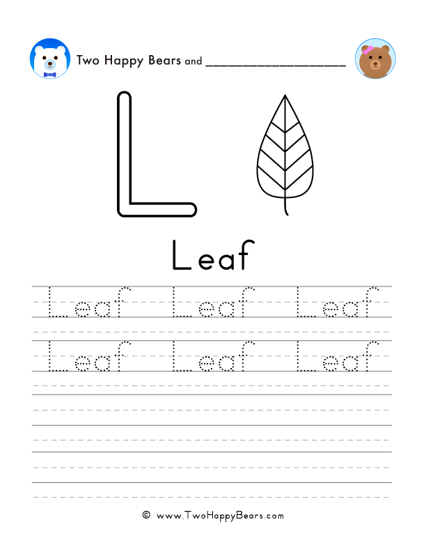 Free printable sheet for tracing and writing the word leaf, and a picture a leaf to color.