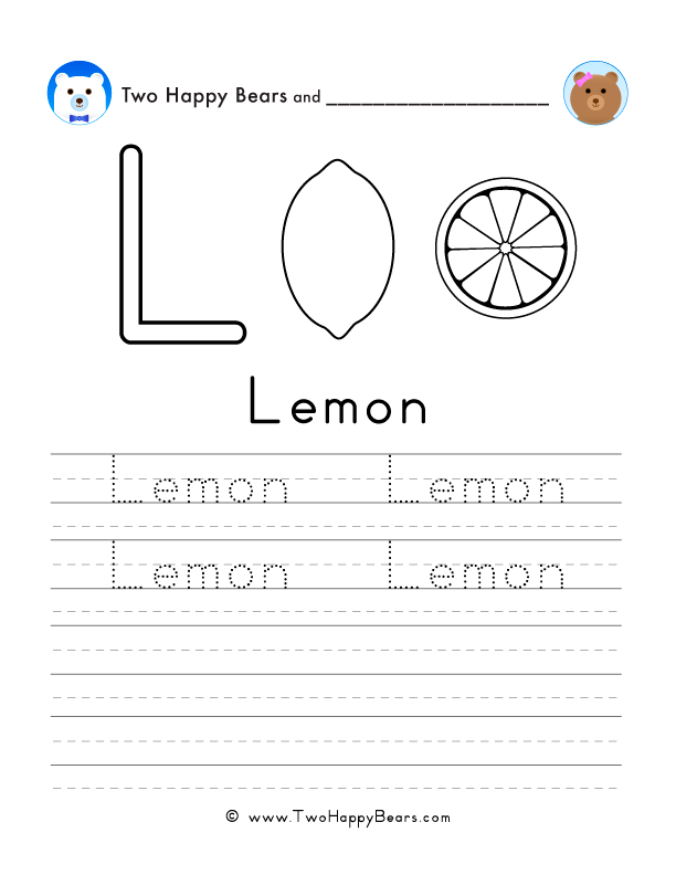 Free printable sheet for tracing and writing the word lemon, and a picture of a lemon to color.