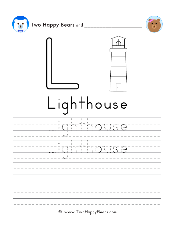 Free printable sheet for tracing and writing the word lighthouse, and a picture of a lighthouse to color.