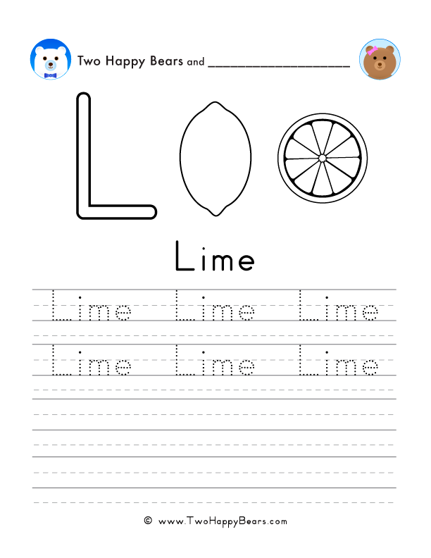 Free printable sheet for tracing and writing the word lime, and a picture of a lime to color.