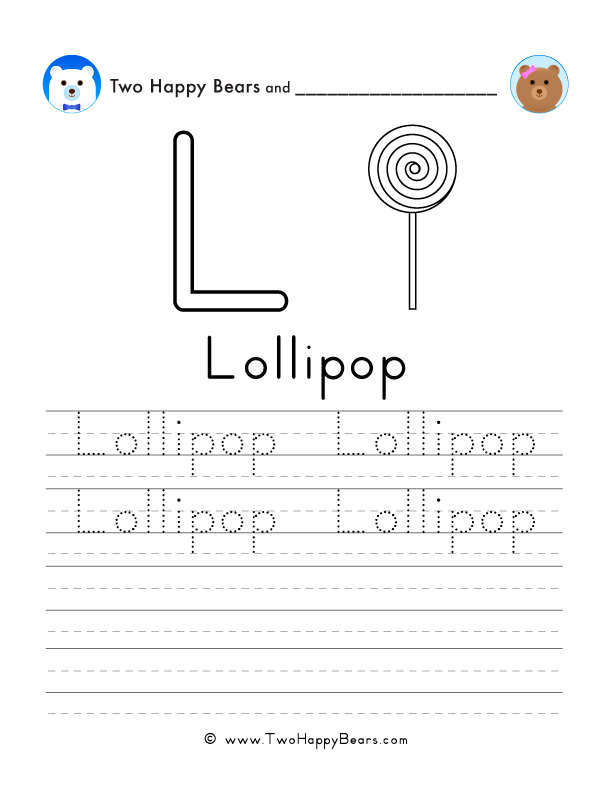 Free printable sheet for tracing and writing the word lollipop, and a picture of a lollipop to color.
