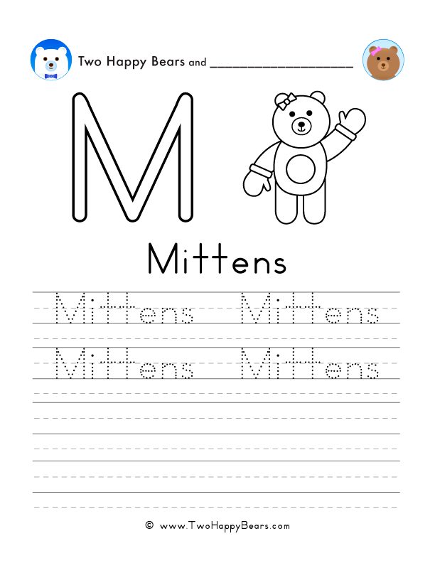 Free printable sheet for tracing and writing the word mittens, and a picture of mittens to color.